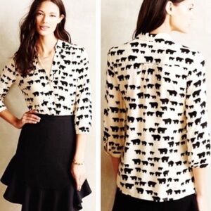 Anthropologie Maeve Woodland Walk Black Bear Print Shirt size 6